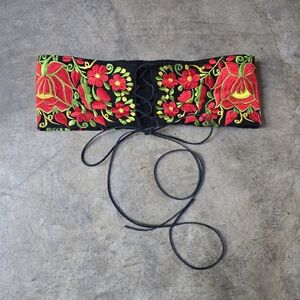 🌹Vintage Black Corset Lace Up Belt with Floral Embroidery M L